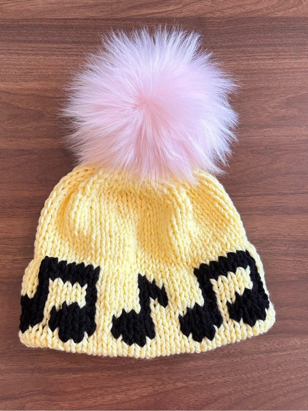 New Yellow Knit Music Note Beanie with Pink Faux Fur Pom